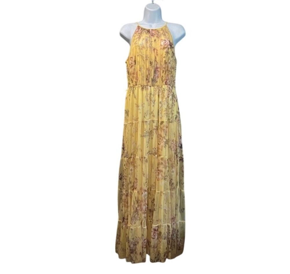 Lovely Grace Women’s Candalite Halter M yellow Floral Maxi Tiered Pullon Lining